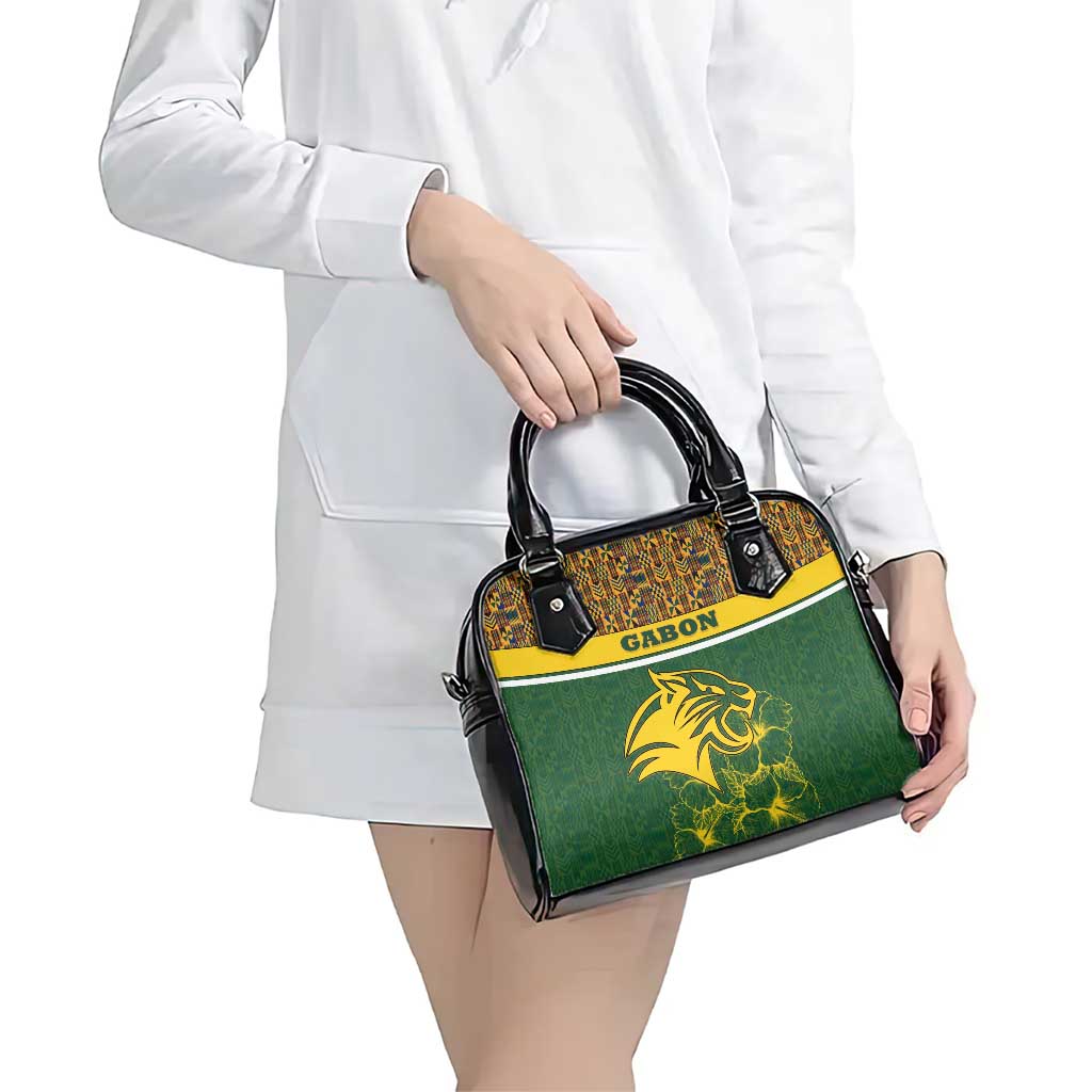 Gabon Shoulder Handbag with Tribal Print and Fierce Panther Graphic in National Flag Colors TS04