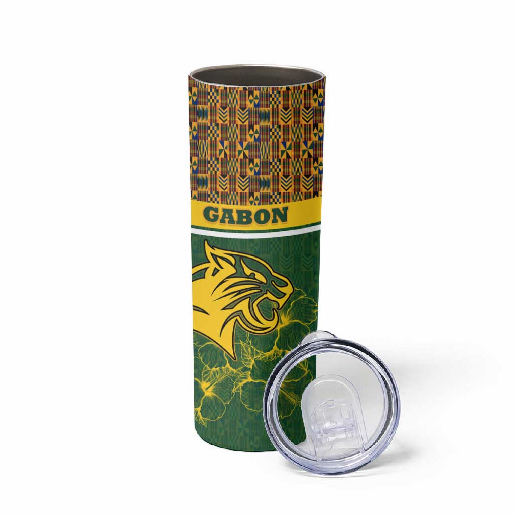 Gabon Skinny Tumbler - Tribal Print and Fierce Panther Graphic in National Flag Colors TS04