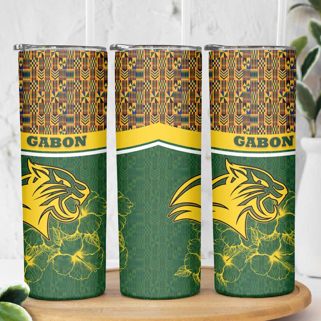 Gabon Skinny Tumbler - Tribal Print and Fierce Panther Graphic in National Flag Colors TS04