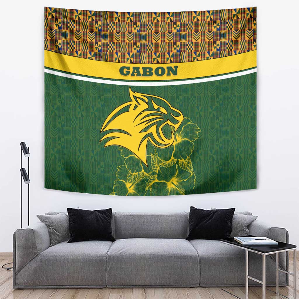 Gabon Tapestry - Tribal Print and Fierce Panther Graphic in National Flag Colors TS04