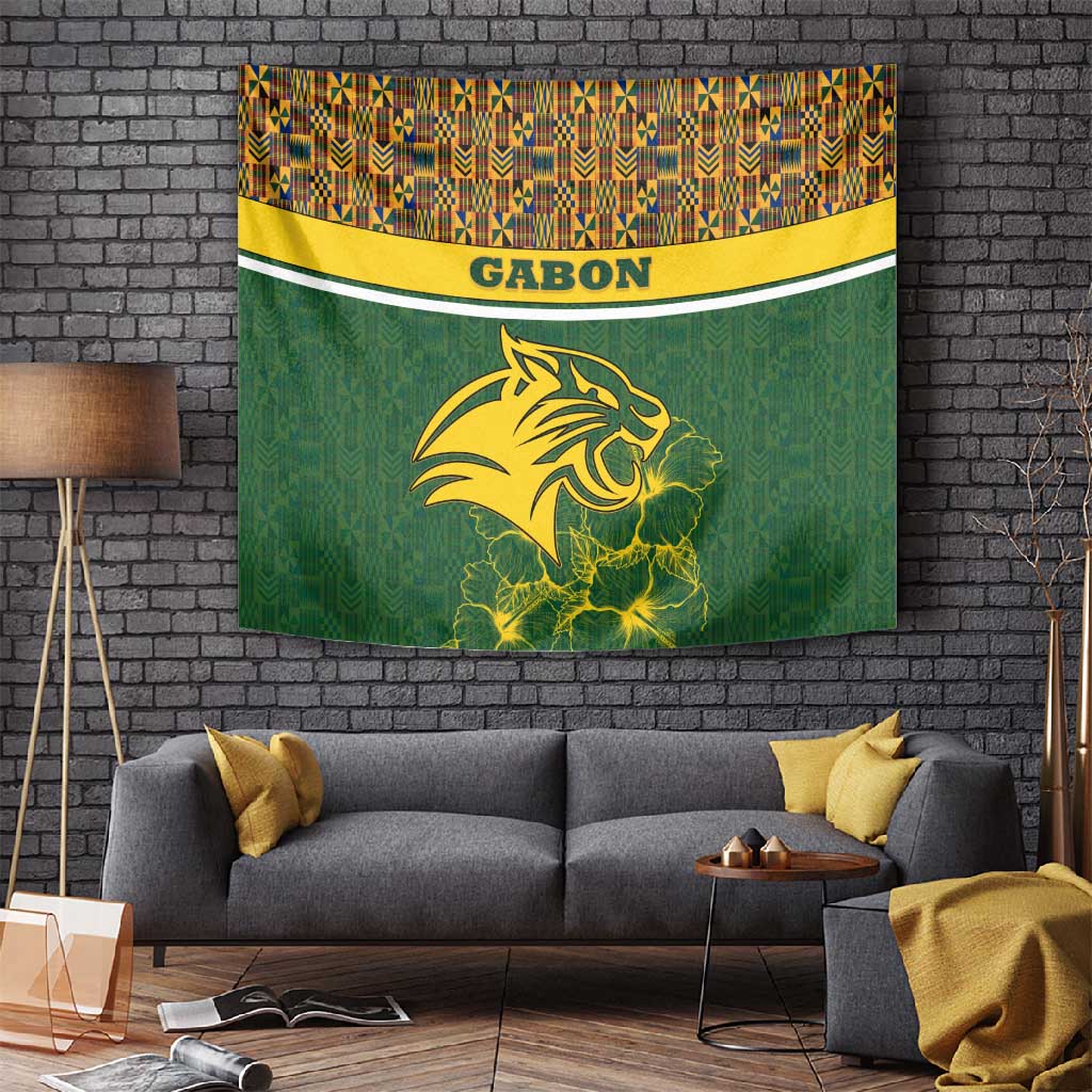 Gabon Tapestry - Tribal Print and Fierce Panther Graphic in National Flag Colors TS04