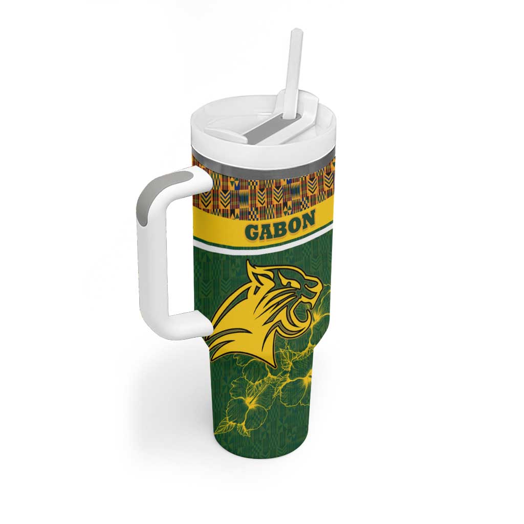 Gabon Tumbler With Handle - Tribal Print and Fierce Panther Graphic in National Flag Colors TS04