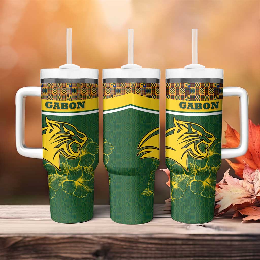 Gabon Tumbler With Handle - Tribal Print and Fierce Panther Graphic in National Flag Colors TS04