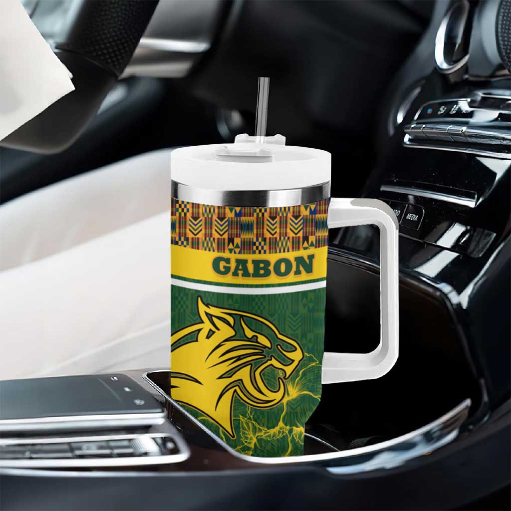 Gabon Tumbler With Handle - Tribal Print and Fierce Panther Graphic in National Flag Colors TS04