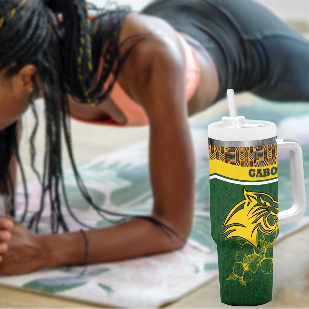 Gabon Tumbler With Handle - Tribal Print and Fierce Panther Graphic in National Flag Colors TS04