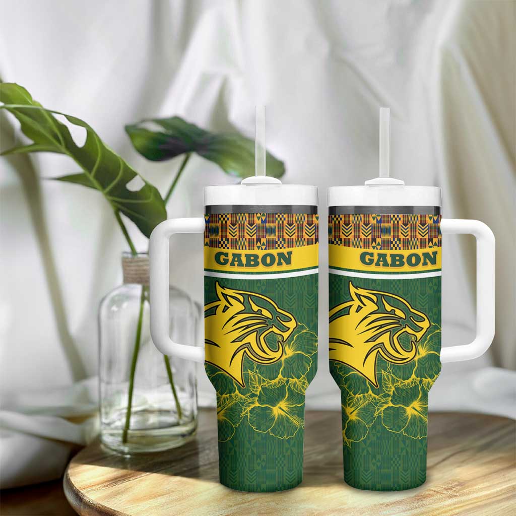 Gabon Tumbler With Handle - Tribal Print and Fierce Panther Graphic in National Flag Colors TS04