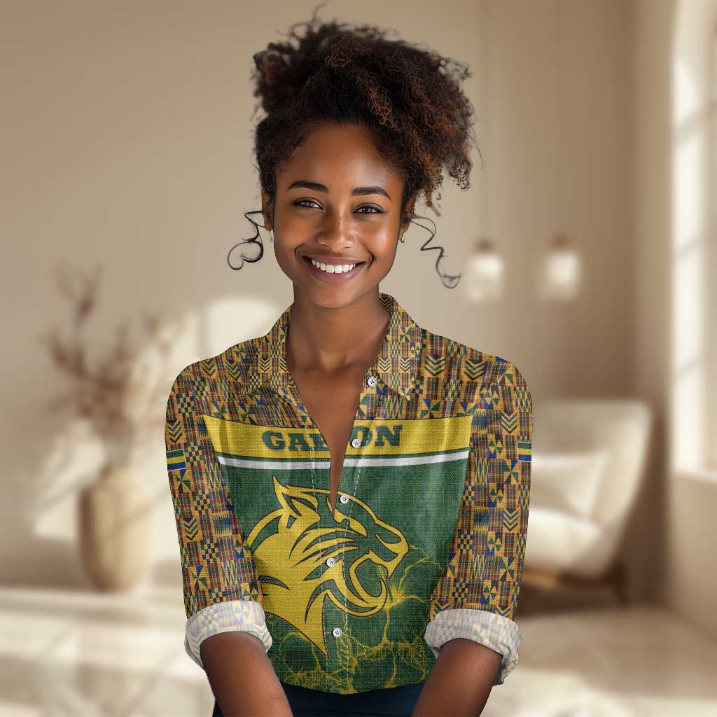 Gabon Women Casual Shirt - Tribal Print and Fierce Panther Graphic in National Flag Colors TS04