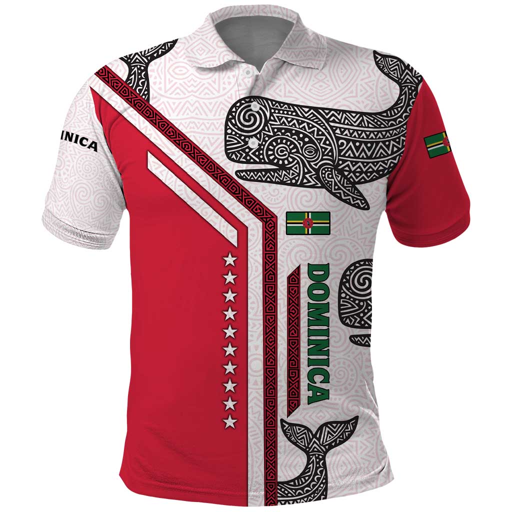 Dominica Flag Polo Shirt Tribal Turtle Pattern Red and White with Island Stars Design TS04