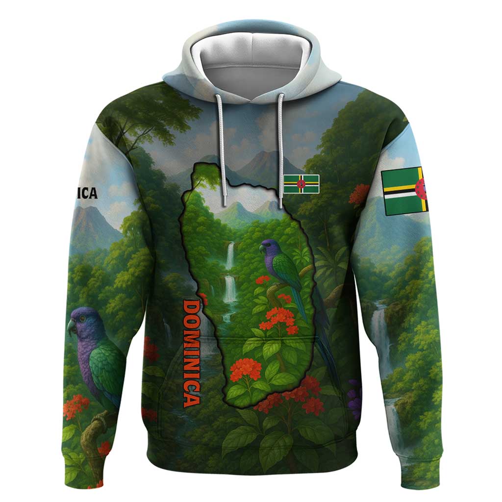 Dominica Nature Hoodie Sisserou Parrot and Waterfall Island Map with National Flag Design TS04