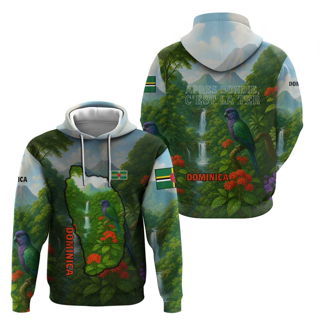 Dominica Nature Hoodie Sisserou Parrot and Waterfall Island Map with National Flag Design TS04