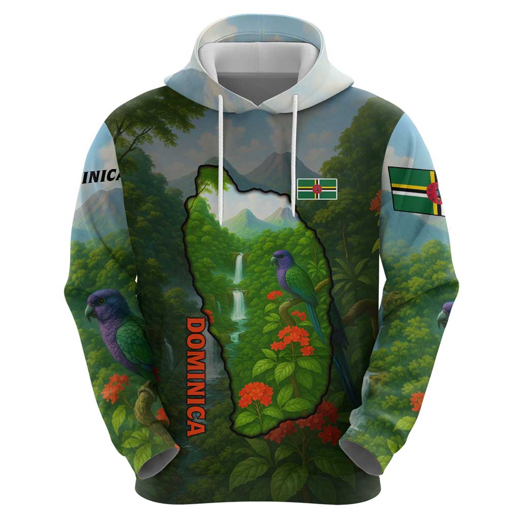 Dominica Nature Hoodie Sisserou Parrot and Waterfall Island Map with National Flag Design TS04