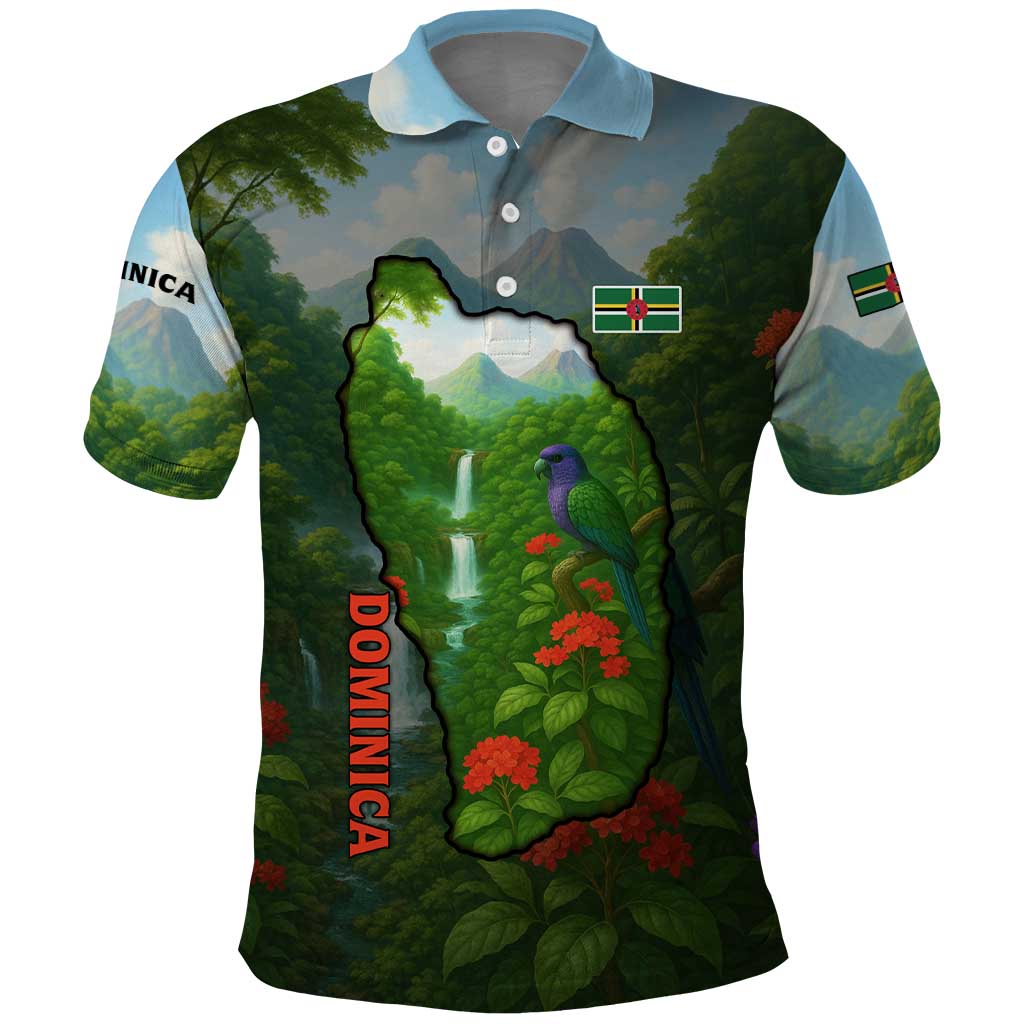 Dominica Nature Polo Shirt Sisserou Parrot and Waterfall Island Map with National Flag Design TS04
