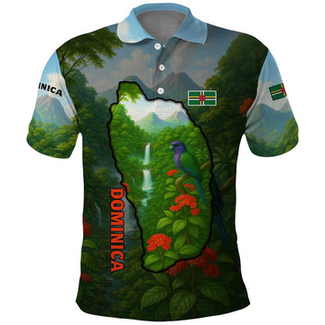 Dominica Nature Polo Shirt Sisserou Parrot and Waterfall Island Map with National Flag Design TS04