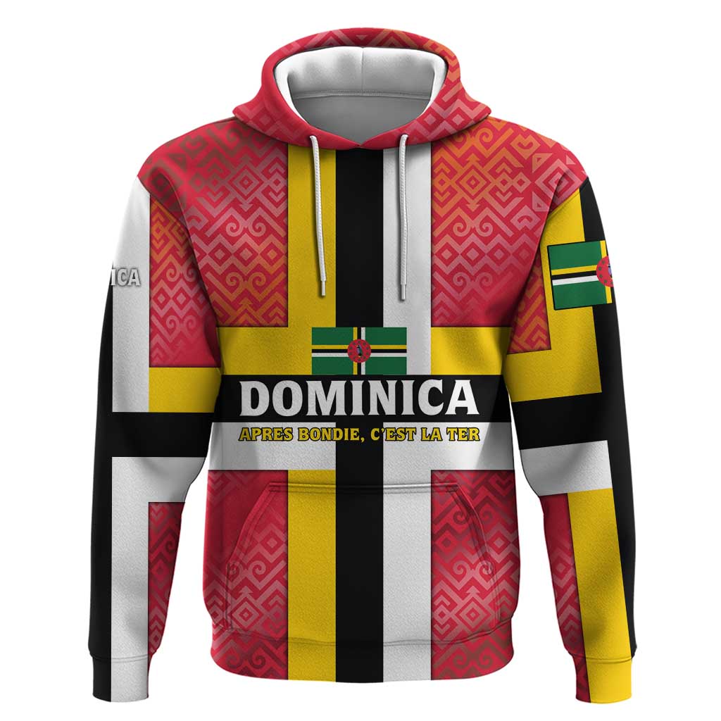 Dominica Flag Hoodie Red Yellow and Black with Coat of Arms and National Motto Design TS04