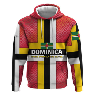 Dominica Flag Hoodie Red Yellow and Black with Coat of Arms and National Motto Design TS04