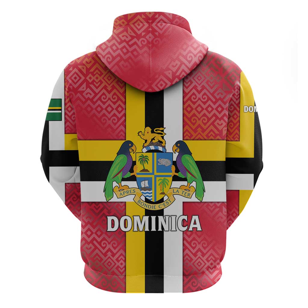 Dominica Flag Hoodie Red Yellow and Black with Coat of Arms and National Motto Design TS04
