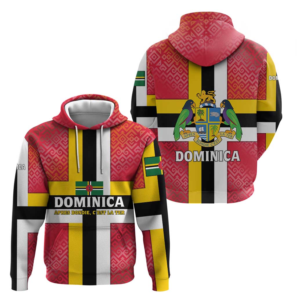Dominica Flag Hoodie Red Yellow and Black with Coat of Arms and National Motto Design TS04