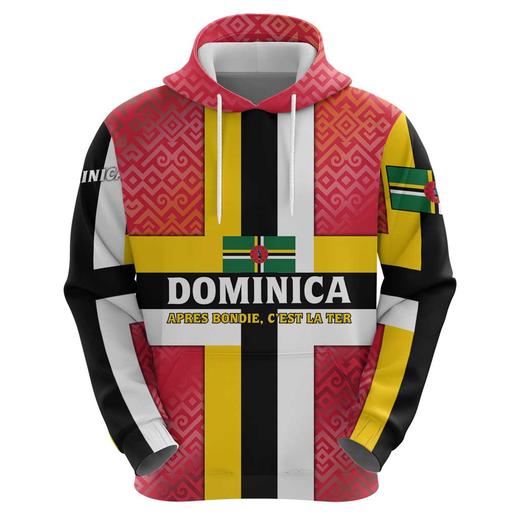 Dominica Flag Hoodie Red Yellow and Black with Coat of Arms and National Motto Design TS04
