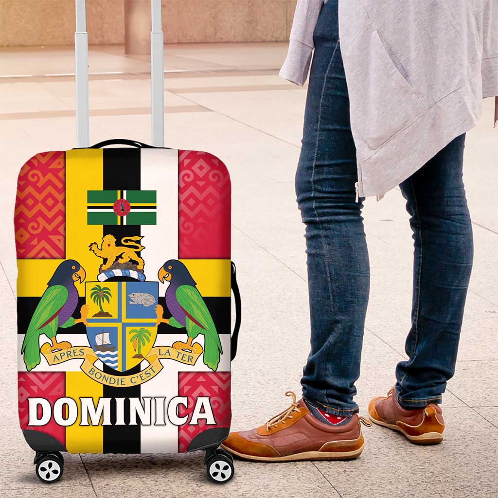 Dominica Flag Luggage Cover Red Yellow and Black with Coat of Arms and National Motto Design TS04