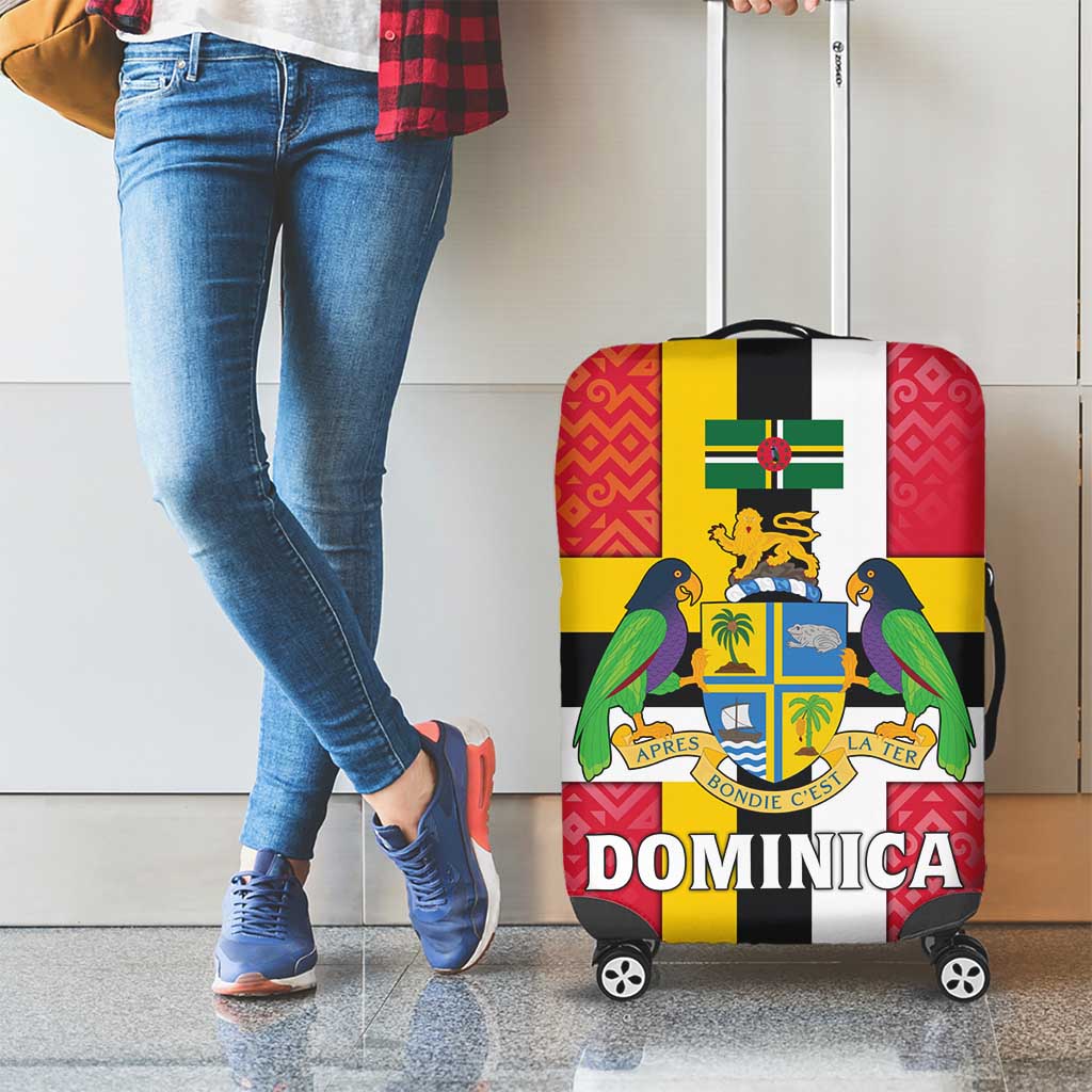 Dominica Flag Luggage Cover Red Yellow and Black with Coat of Arms and National Motto Design TS04