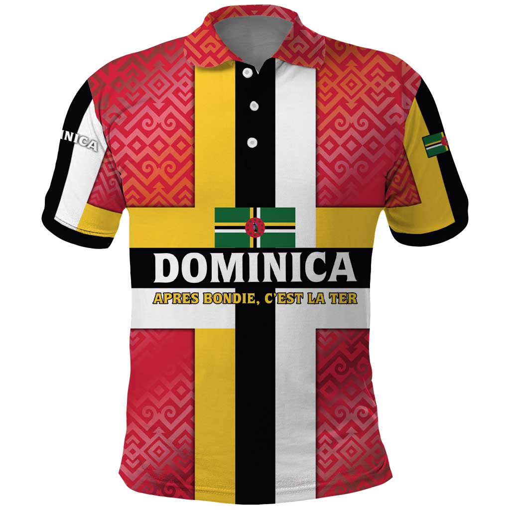 Dominica Flag Polo Shirt Red Yellow and Black with Coat of Arms and National Motto Design TS04