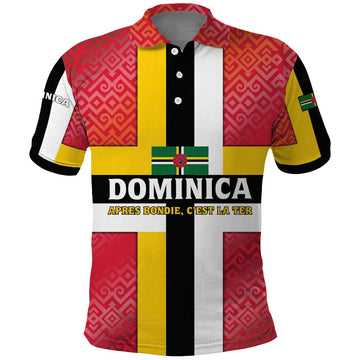 Dominica Flag Polo Shirt Red Yellow and Black with Coat of Arms and National Motto Design TS04