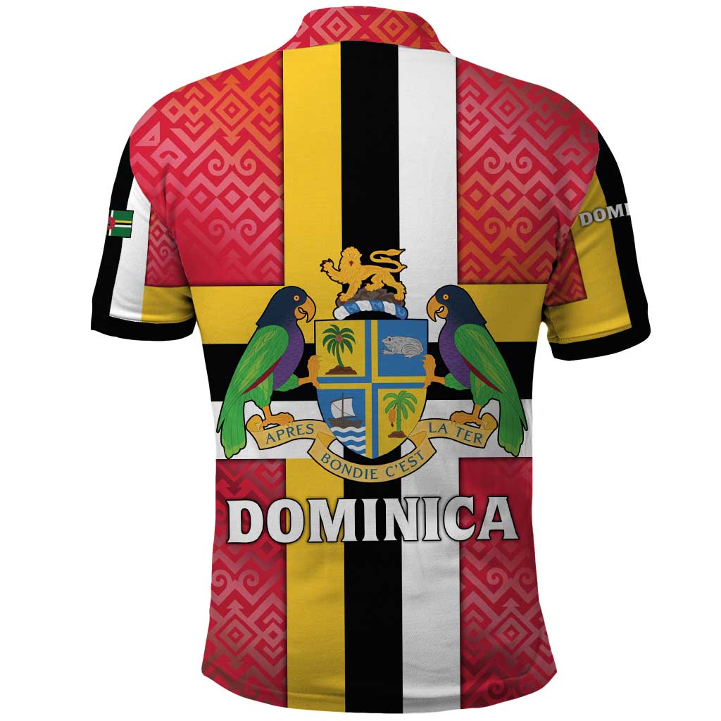 Dominica Flag Polo Shirt Red Yellow and Black with Coat of Arms and National Motto Design TS04