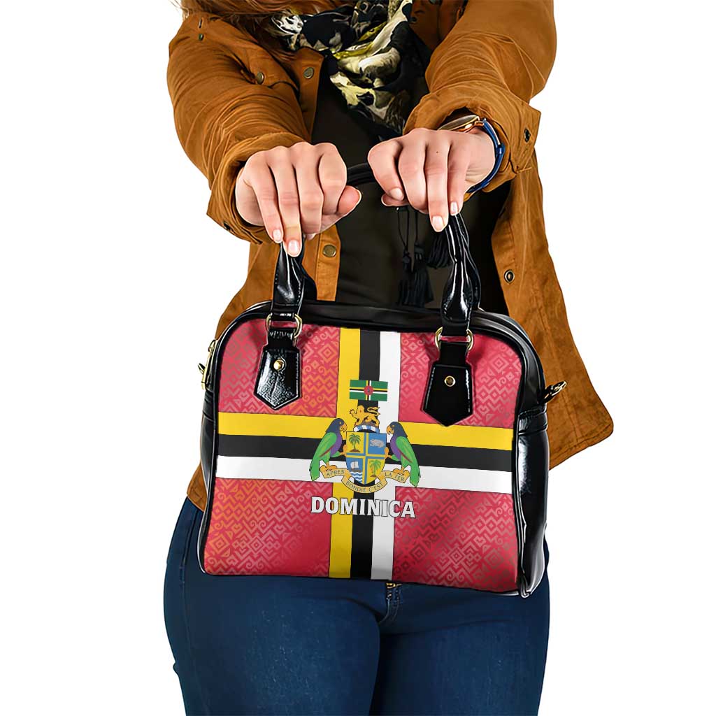 Dominica Flag Shoulder Handbag Red Yellow and Black with Coat of Arms and National Motto Design TS04
