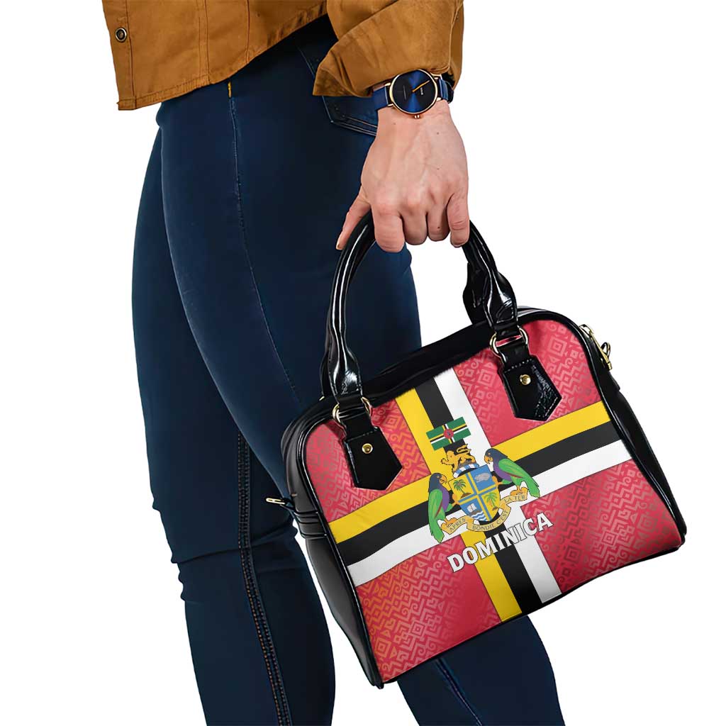 Dominica Flag Shoulder Handbag Red Yellow and Black with Coat of Arms and National Motto Design TS04
