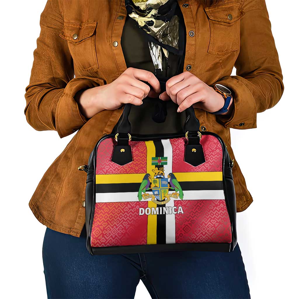 Dominica Flag Shoulder Handbag Red Yellow and Black with Coat of Arms and National Motto Design TS04