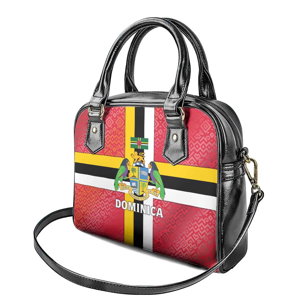 Dominica Flag Shoulder Handbag Red Yellow and Black with Coat of Arms and National Motto Design TS04