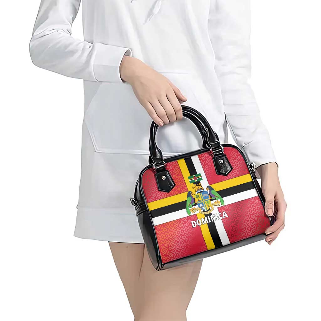 Dominica Flag Shoulder Handbag Red Yellow and Black with Coat of Arms and National Motto Design TS04