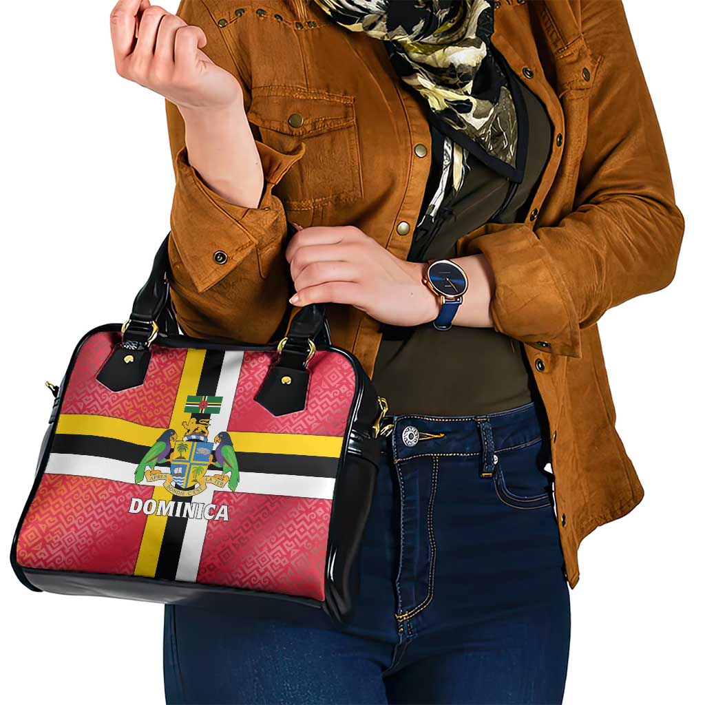 Dominica Flag Shoulder Handbag Red Yellow and Black with Coat of Arms and National Motto Design TS04
