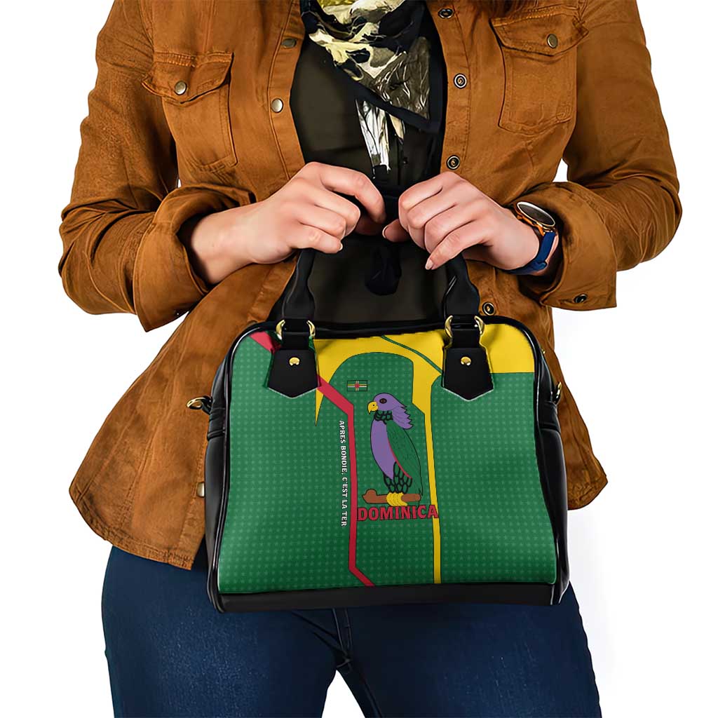Dominica Flag Shoulder Handbag National Parrot and Stars Design with Motto Apres Bondie Cest La Ter TS04