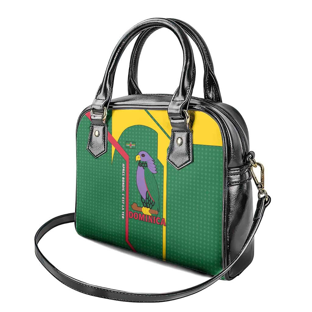Dominica Flag Shoulder Handbag National Parrot and Stars Design with Motto Apres Bondie Cest La Ter TS04