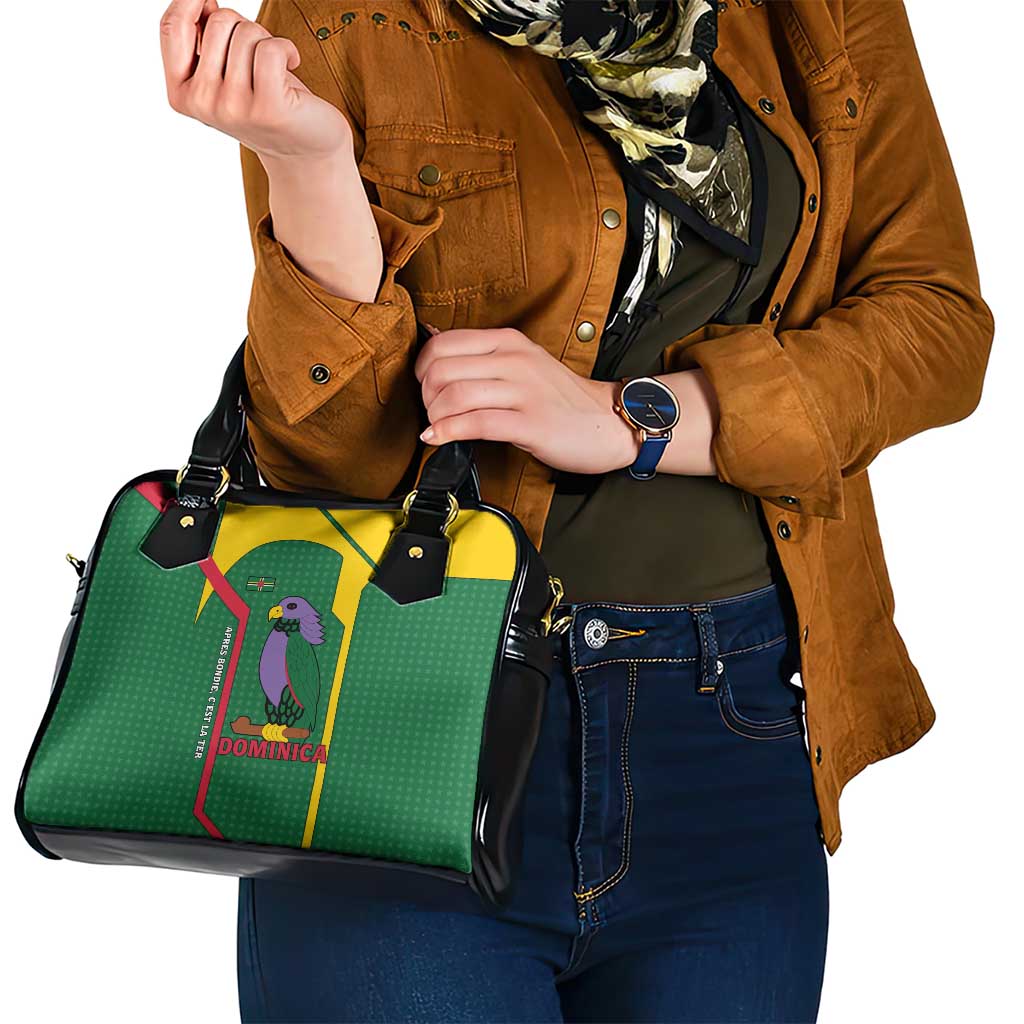 Dominica Flag Shoulder Handbag National Parrot and Stars Design with Motto Apres Bondie Cest La Ter TS04