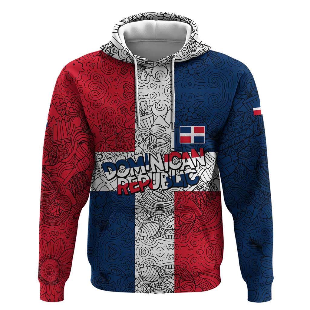 Dominican Republic Flag Hoodie Red White and Blue Pattern with National Emblem and Tribal Design TS04