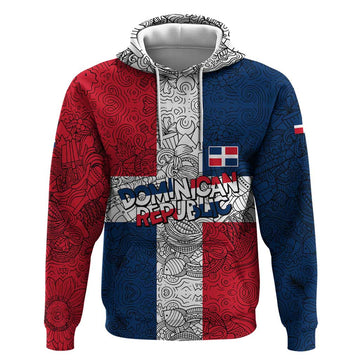 Dominican Republic Flag Hoodie Red White and Blue Pattern with National Emblem and Tribal Design TS04