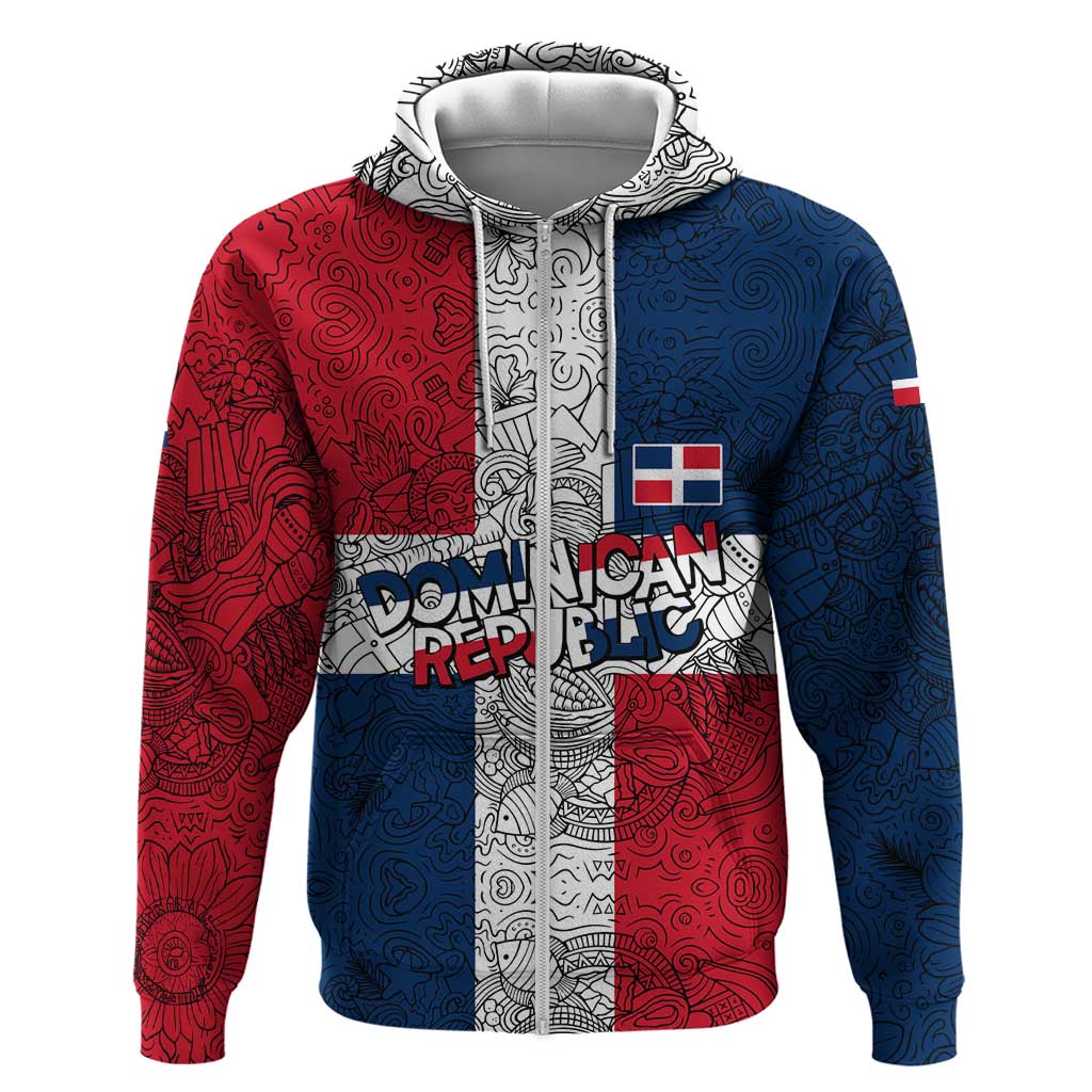 Dominican Republic Flag Hoodie Red White and Blue Pattern with National Emblem and Tribal Design TS04