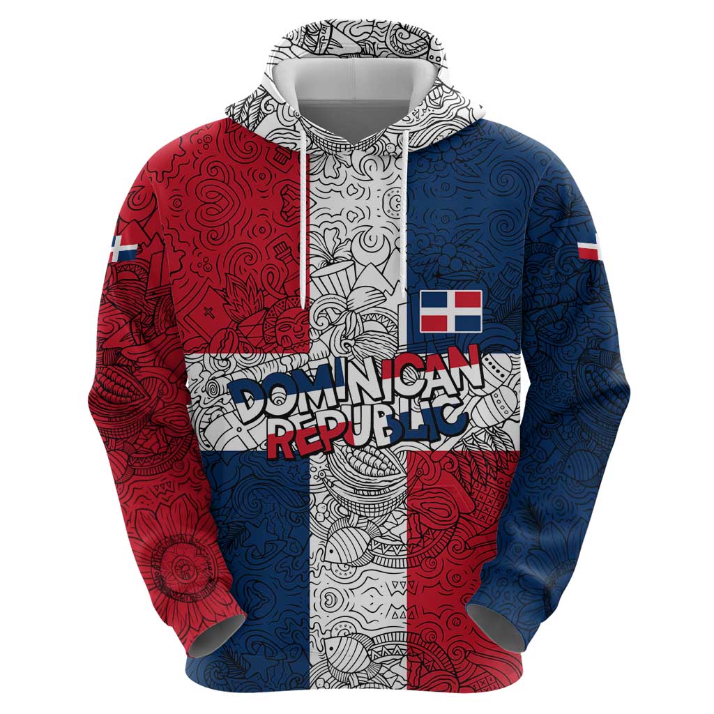 Dominican Republic Flag Hoodie Red White and Blue Pattern with National Emblem and Tribal Design TS04