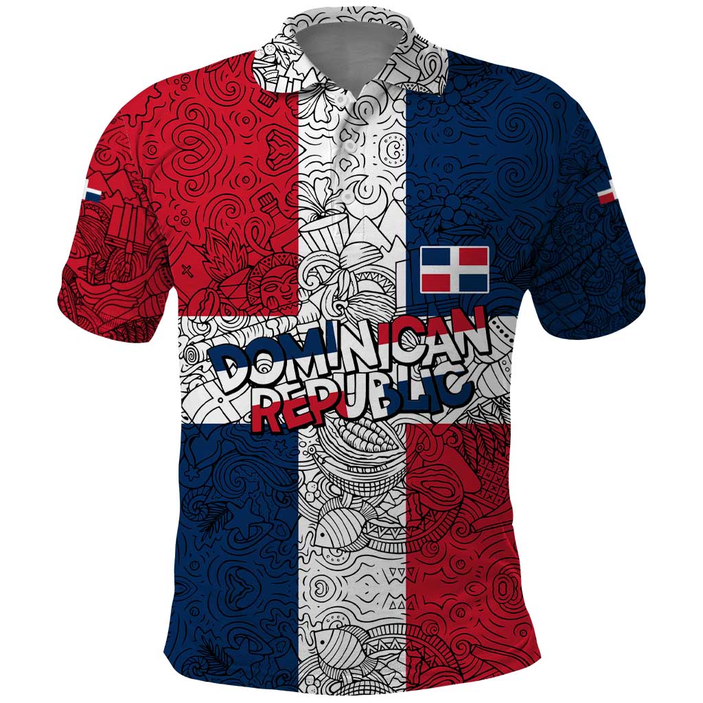 Dominican Republic Flag Polo Shirt Red White and Blue Pattern with National Emblem and Tribal Design TS04