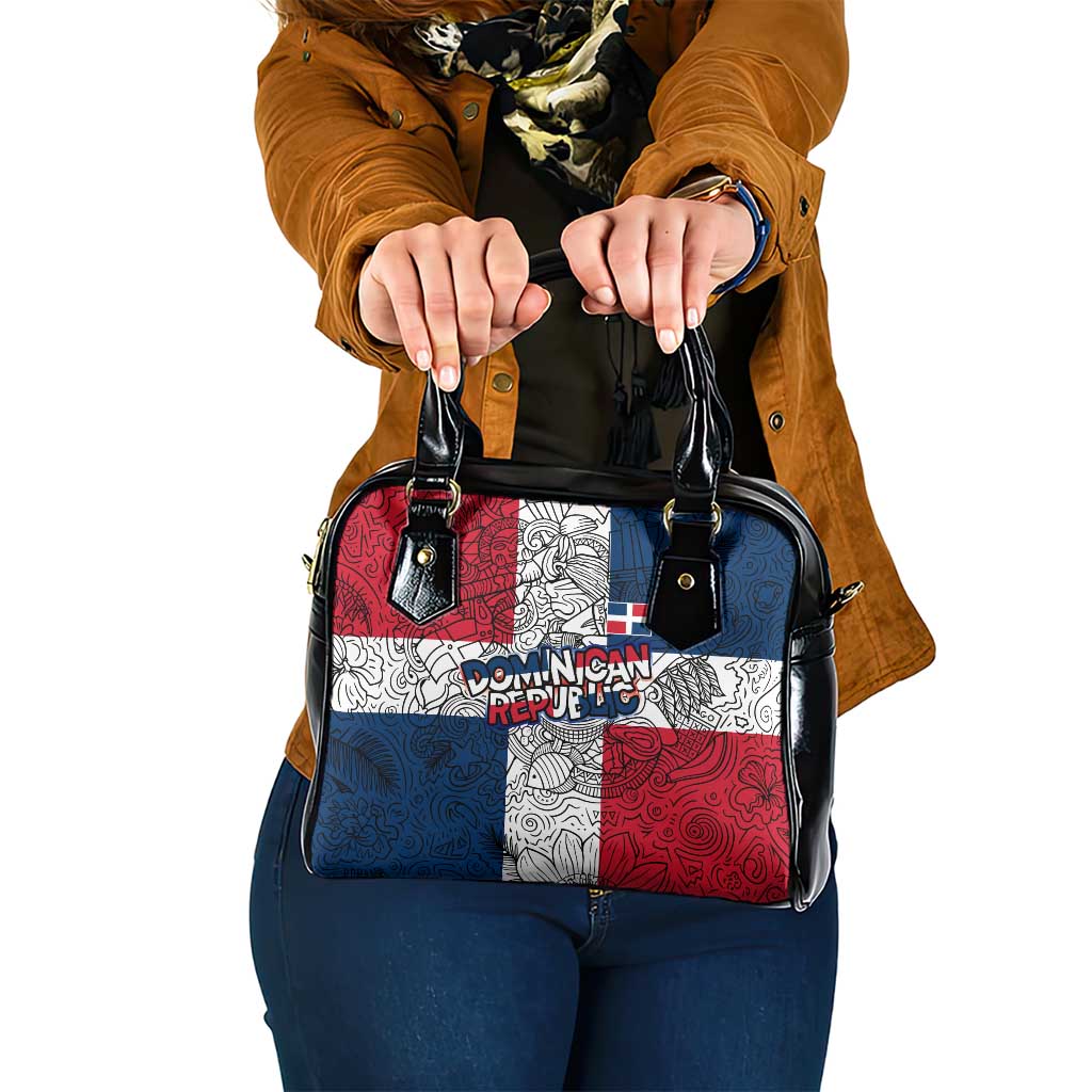 Dominican Republic Flag Shoulder Handbag Red White and Blue Pattern with National Emblem and Tribal Design TS04
