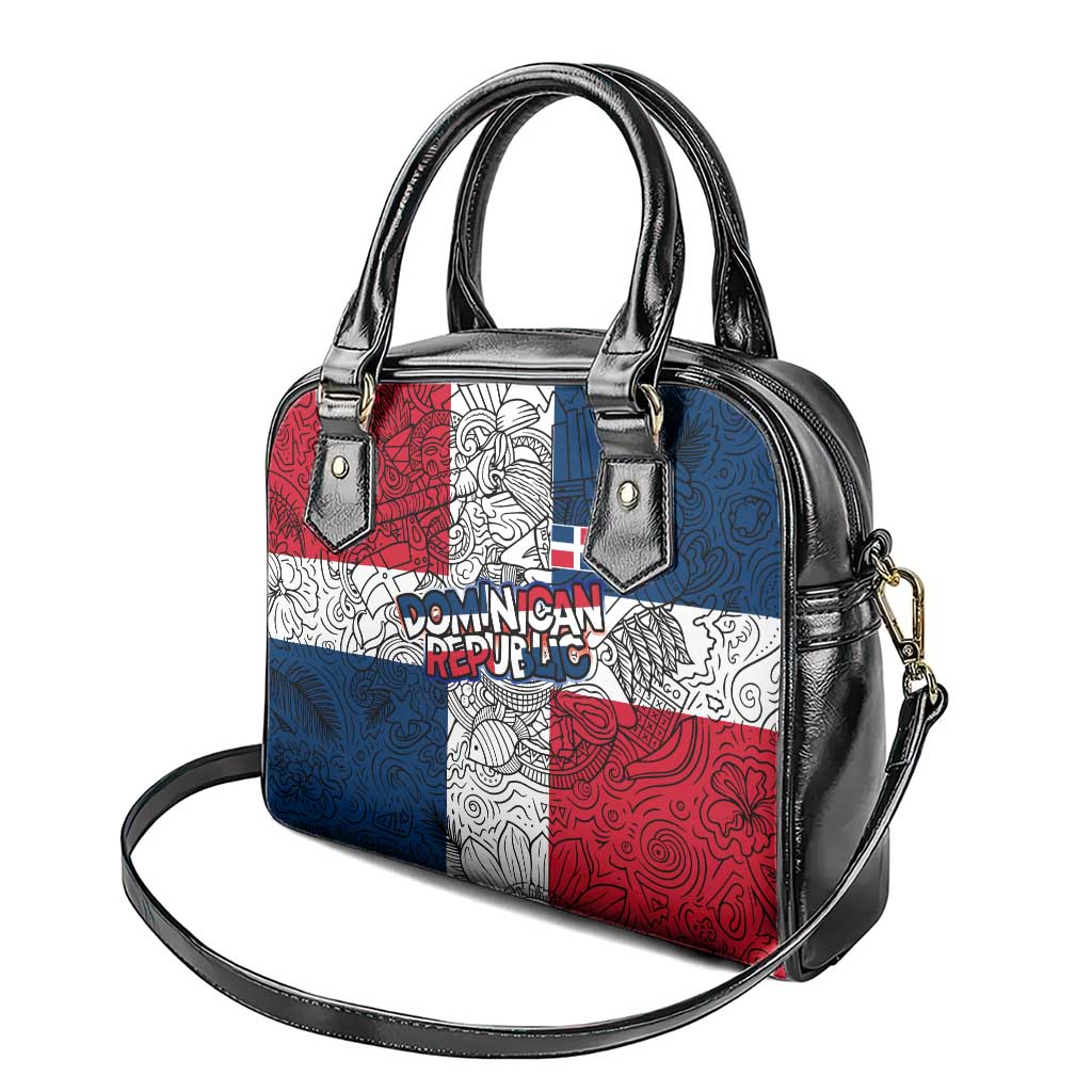 Dominican Republic Flag Shoulder Handbag Red White and Blue Pattern with National Emblem and Tribal Design TS04