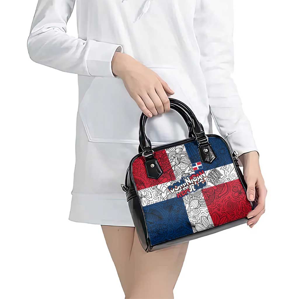 Dominican Republic Flag Shoulder Handbag Red White and Blue Pattern with National Emblem and Tribal Design TS04