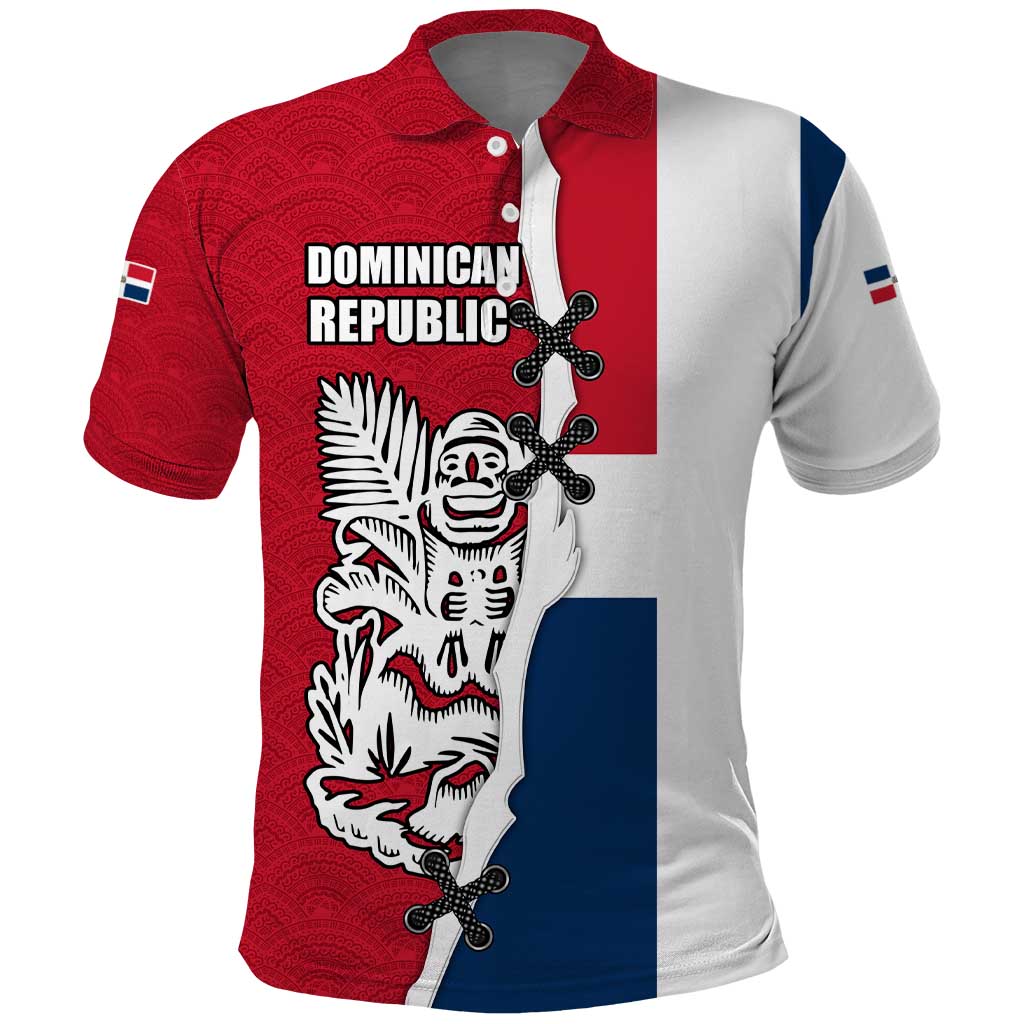 Dominican Republic Flag Half Zip Design Polo Shirt with Coat of Arms and Taino Symbol TS04