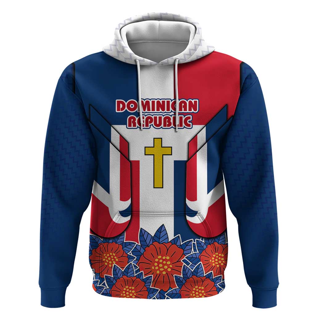 Dominican Republic Flag Hoodie with Cross and Floral Design Red Blue Pattern TS04