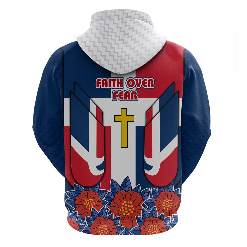 Dominican Republic Flag Hoodie with Cross and Floral Design Red Blue Pattern TS04