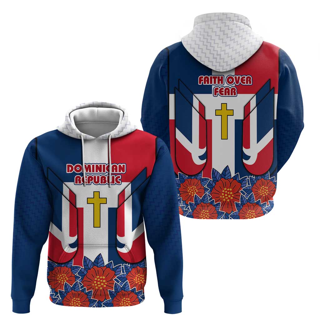 Dominican Republic Flag Hoodie with Cross and Floral Design Red Blue Pattern TS04
