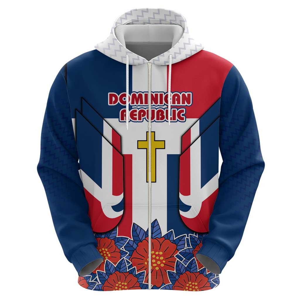 Dominican Republic Flag Hoodie with Cross and Floral Design Red Blue Pattern TS04