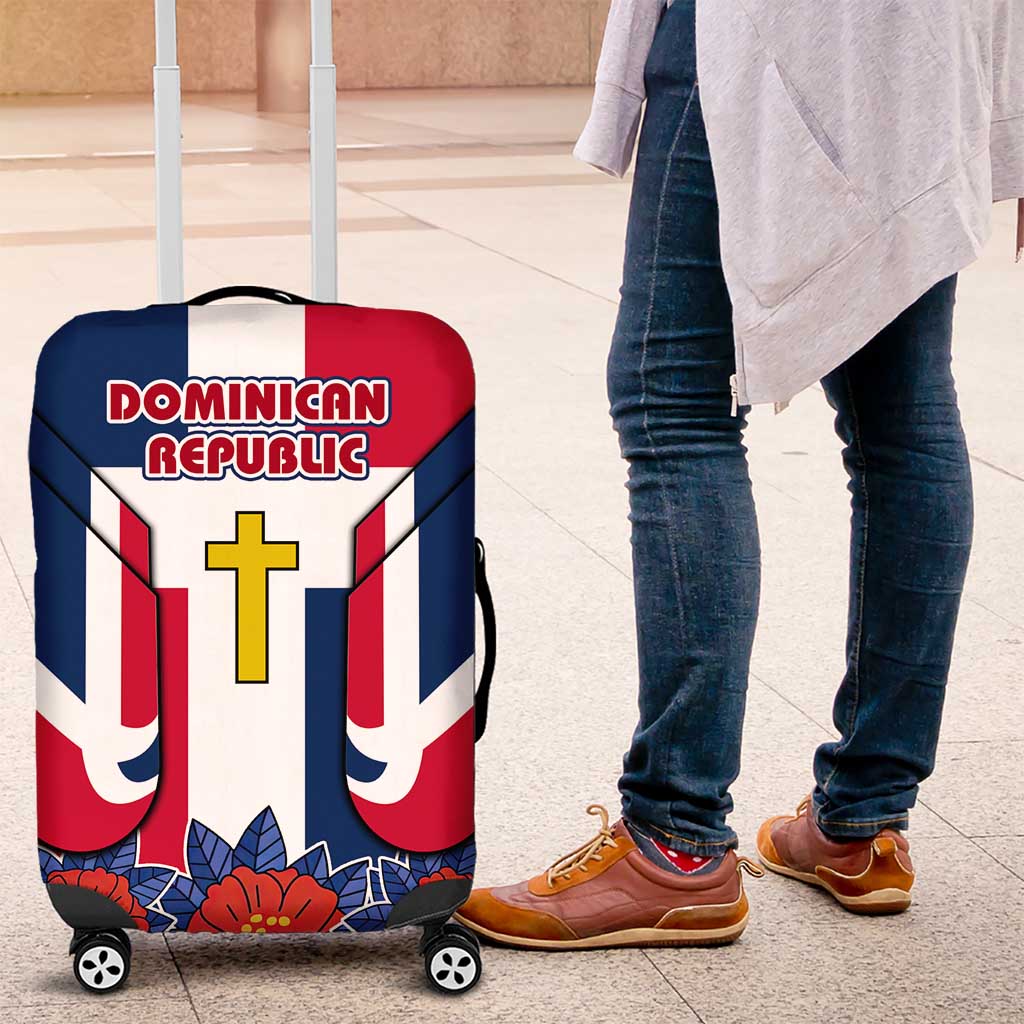 Dominican Republic Flag Luggage Cover with Cross and Floral Design Red Blue Pattern TS04